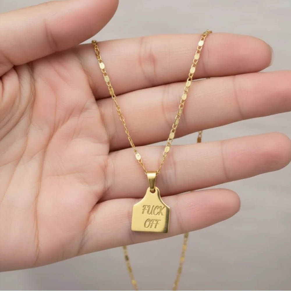 F.k off Gold Stainless Steel Cow Tag Pendant Goldfilled Necklace